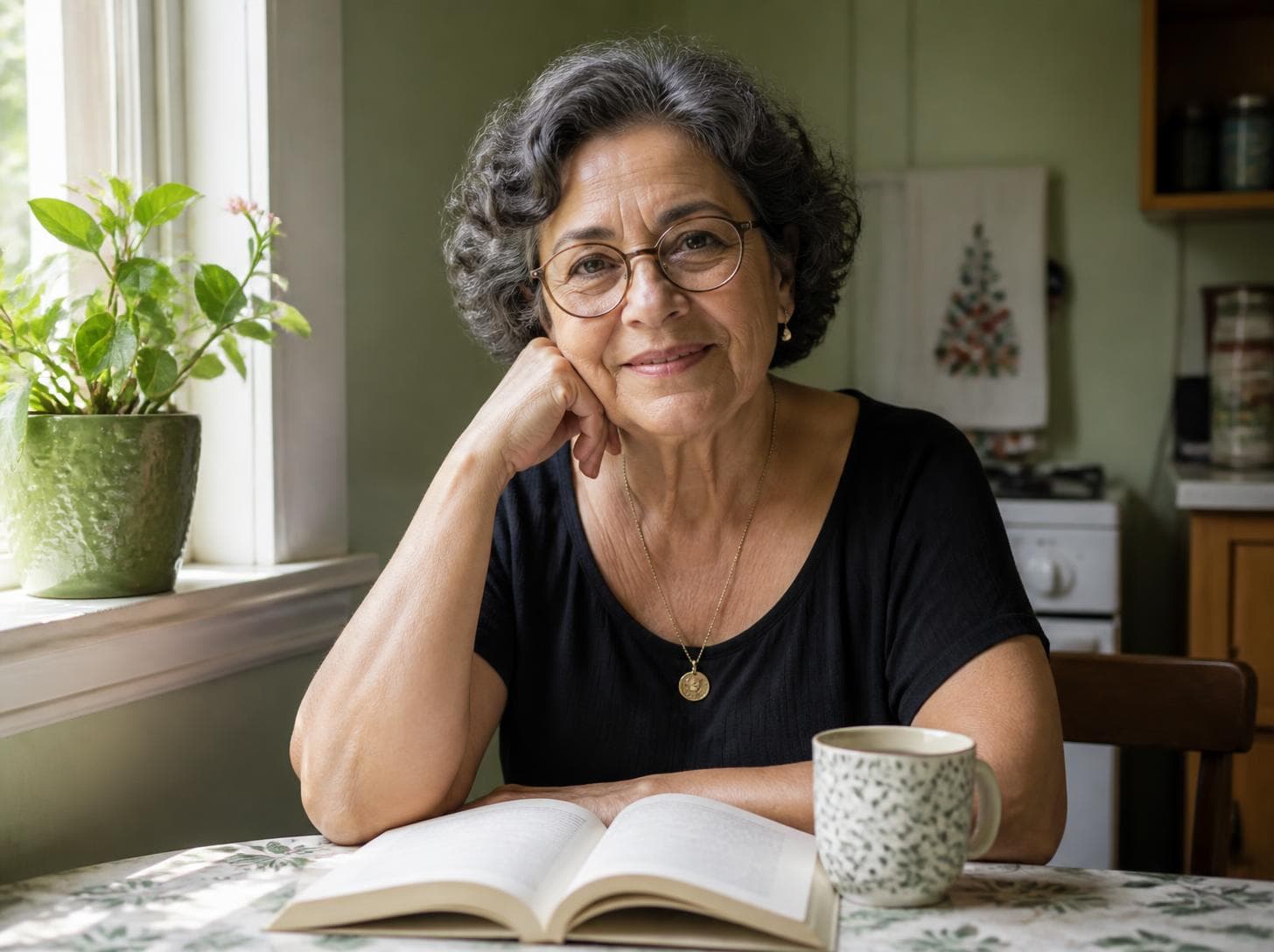 Mulher de cabelo grisalho e óculos, sorrindo à mesa da cozinha, com um livro aberto e uma xícara.